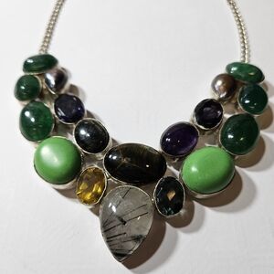 Elegant Multi-Gem Stone Silver Necklace